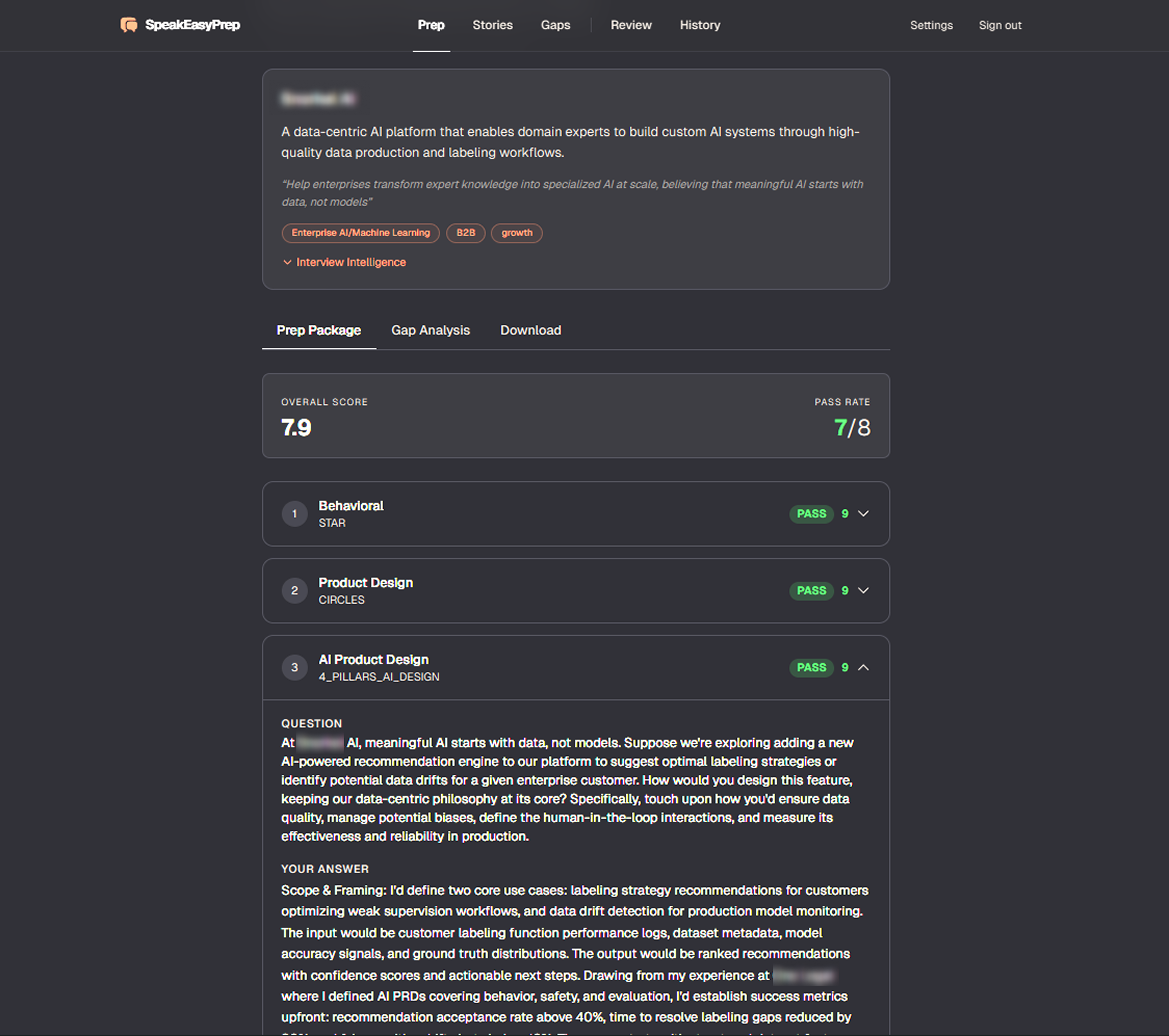 Prep package — scored questions with framework answers