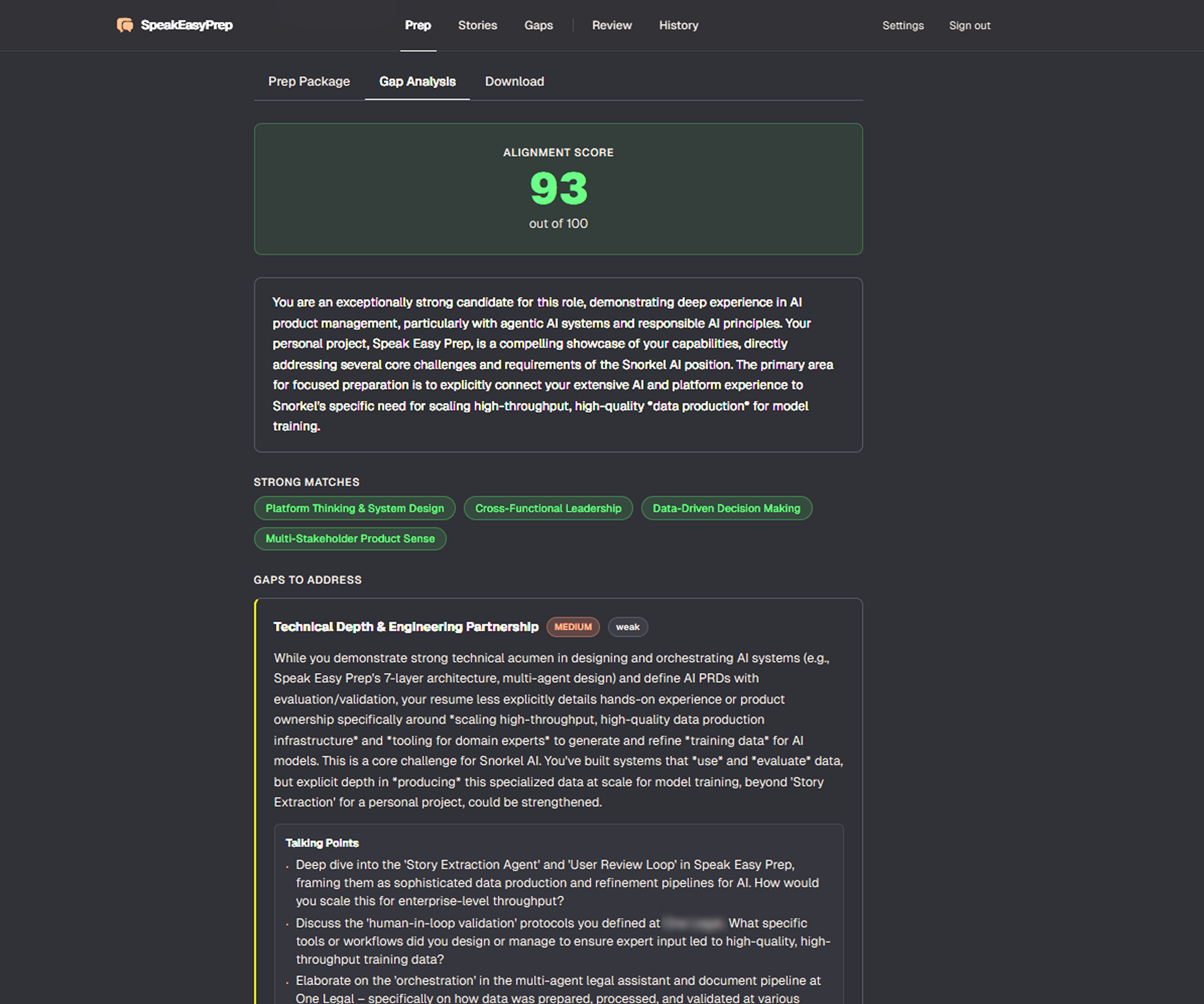Gap analysis — alignment score and competency breakdown